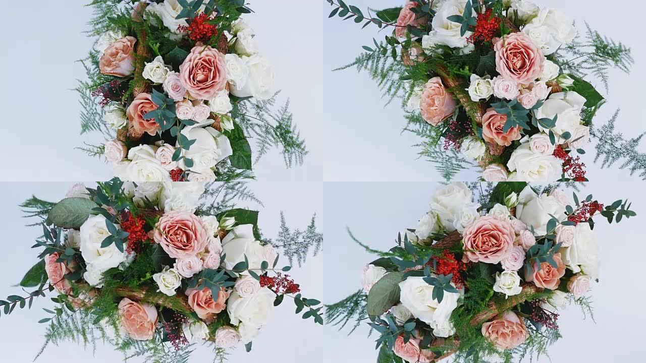 从上面看，特写，鲜花，花束，旋转，由玫瑰卡布奇诺，雪花玫瑰，玫瑰亚娜奶油，Plamosus，桉树，s