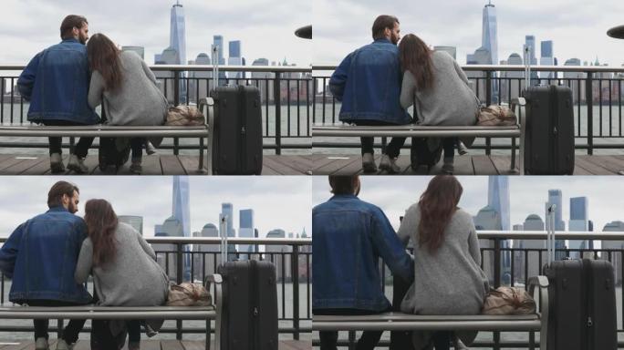 异性恋夫妇旅行者坐在长凳上等待在纽约市
