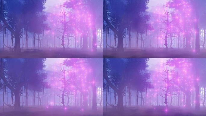 晚上神奇的迷雾森林中的萤火虫灯