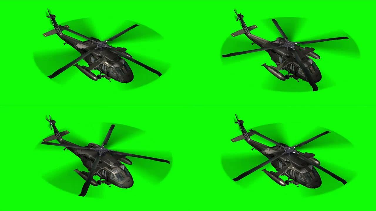军用直升机黑鹰正在飞行-绿色屏幕