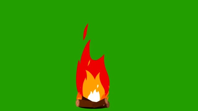 火的动画燃烧，火和木头，卡通，绿色背景，对大自然的火，火，绘制火，火灾动画，动画视频，燃烧的火焰，卡