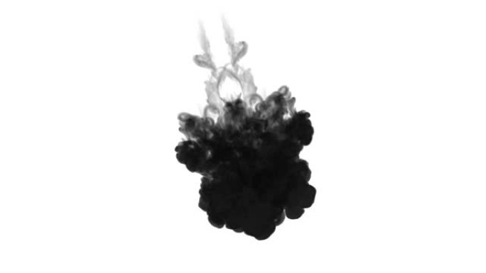 一股墨水流，注入黑色染料云或烟雾，墨水以慢动作注入白色。水中的黑色云彩。漆黑的背景或烟雾背景，用于墨