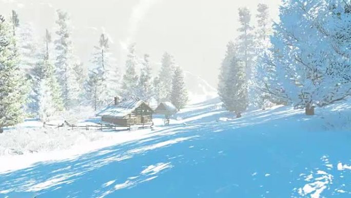 冬日雪山中的小小屋