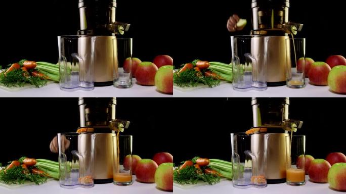 使用冷榨汁机从胡萝卜和芹菜中榨汁