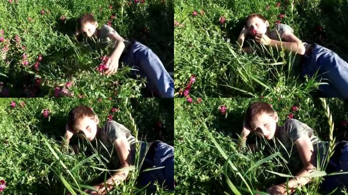 十几岁的男孩躺在草地上休息。