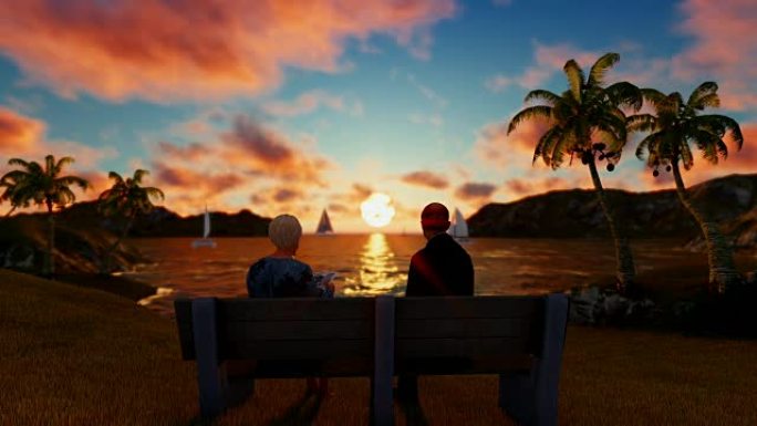 老夫妇坐在海边看美丽的日落