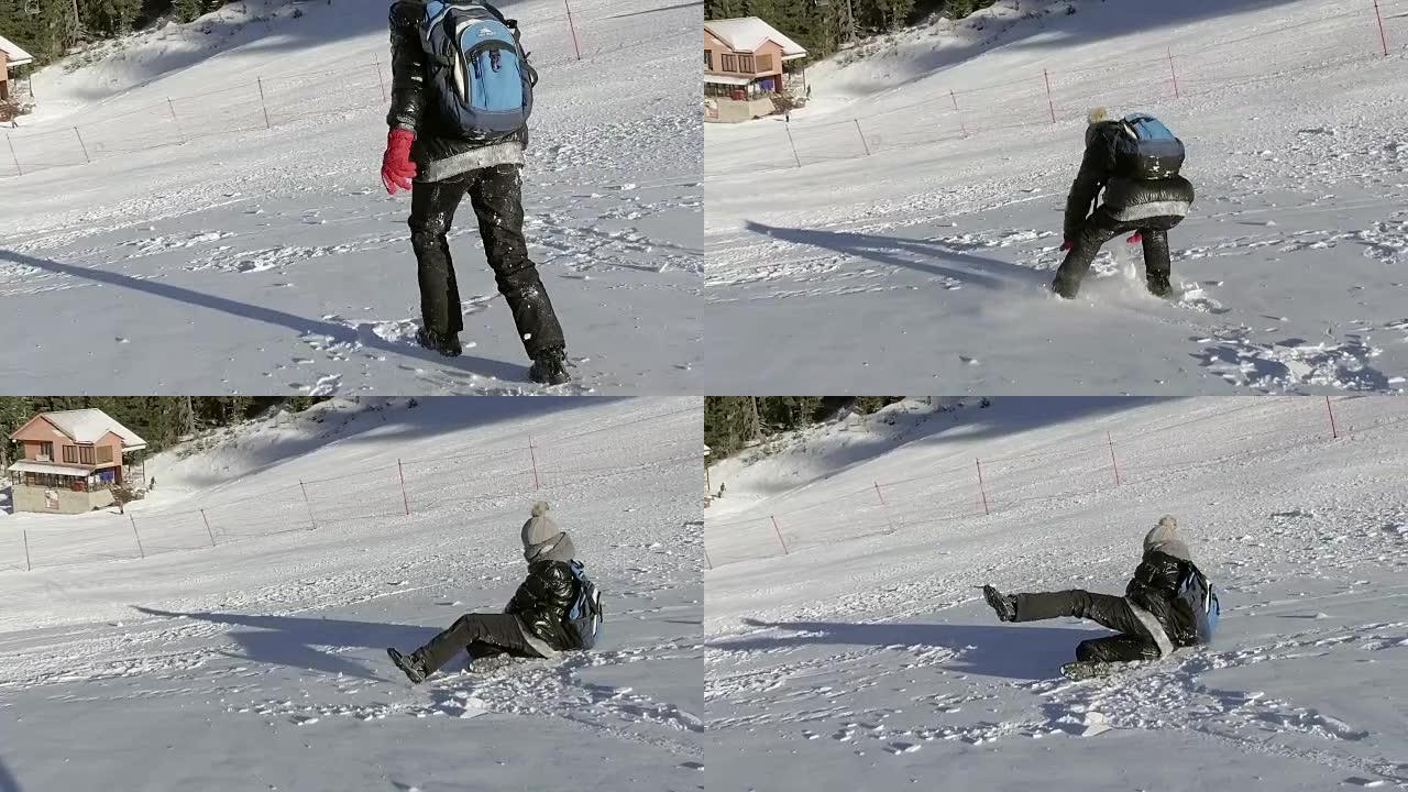 小女孩从冬天的雪地滑雪坡上跑下来，慢动作