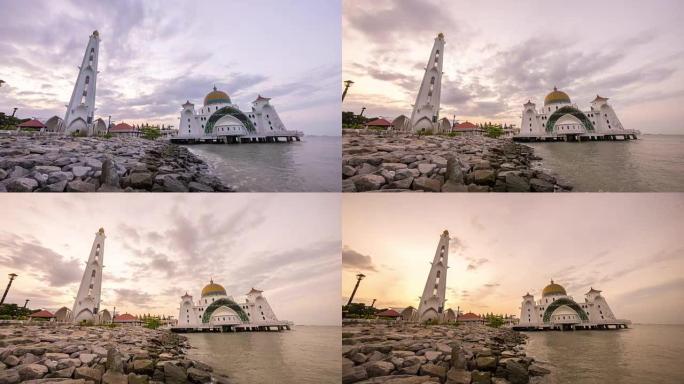 马六甲海峡清真寺美丽日出的延时4k镜头