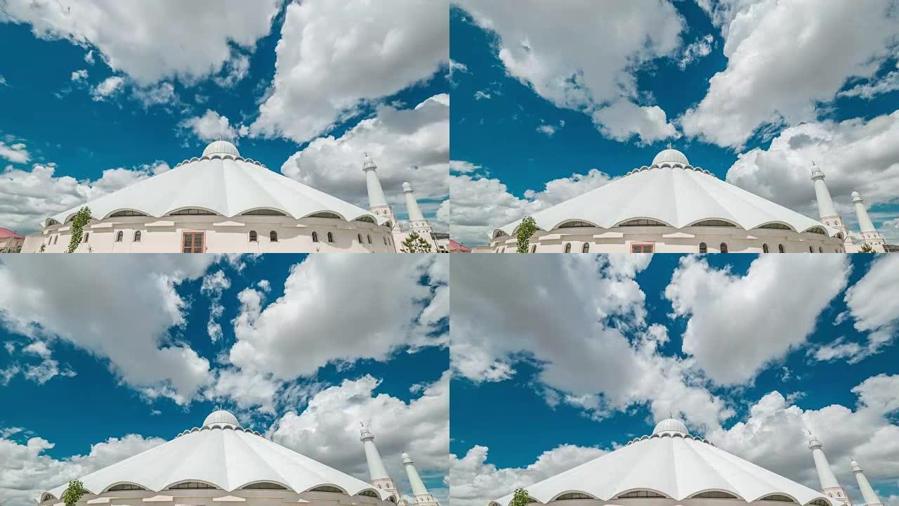 白色阿拉伯清真寺上的白云。哈萨克斯坦-全高清延时