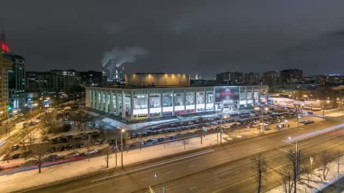 莫斯科市俄罗斯天际线空中全景顶视图夜间延时城市冬季雪景建筑背景