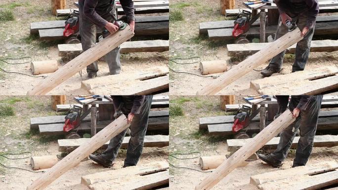 木匠使用电动研磨机抛光木材