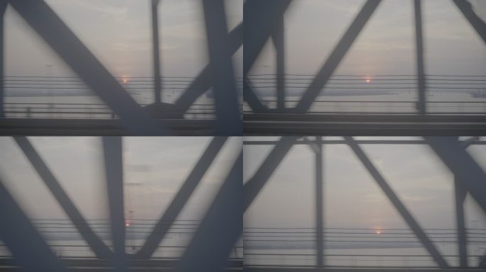 长江落日，钢架桥列车视角