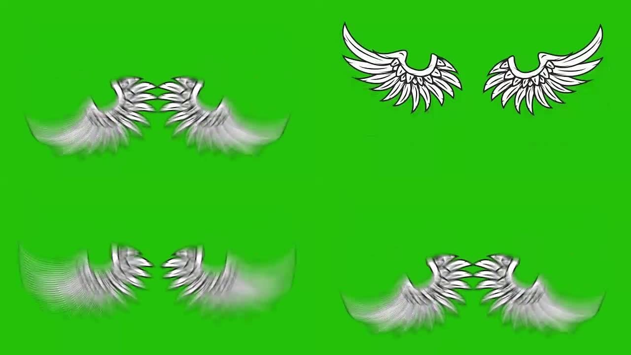绿色背景上的飞翼动画。天使之翼动画。