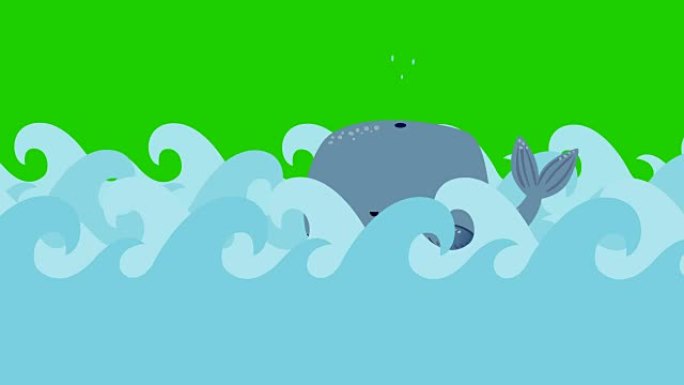 卡通鲸鱼在绿色屏幕上在海中游泳