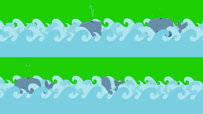 卡通鲸鱼在绿色屏幕上在海中游泳