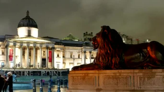伦敦特拉法加广场和国家美术馆的狮子-夜间时间流逝