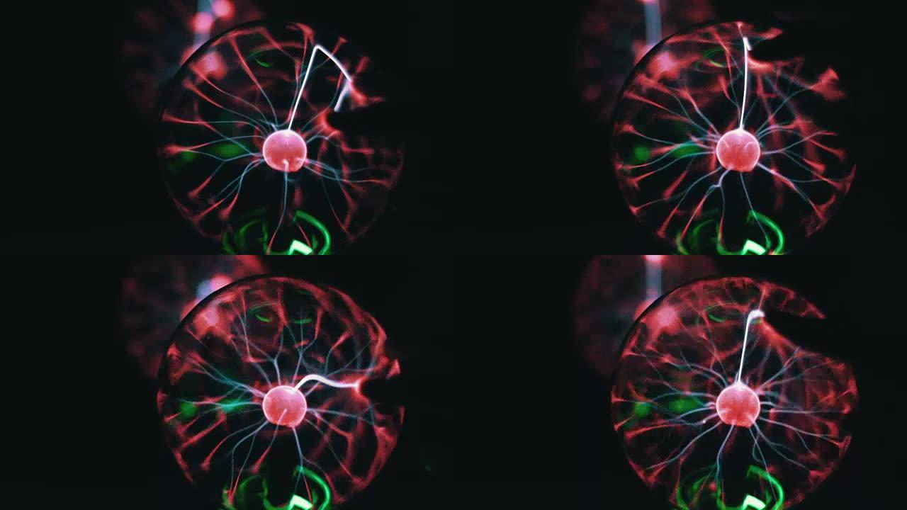 黑色背景上带有移动能量射线的等离子球的特写视图