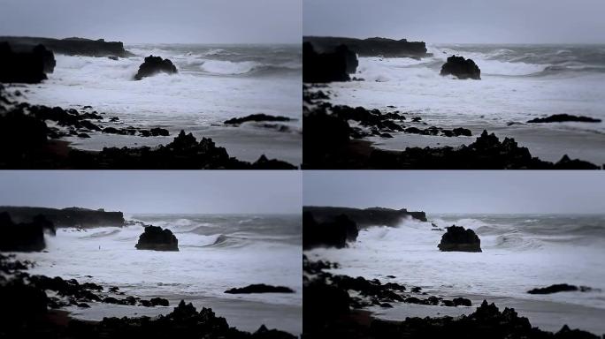 汹涌的大海，汹涌的冰岛海岸的海浪