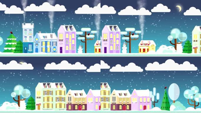 冬天的夜晚背景下雪街上的圣诞房子。扁平风格。小小屋。圣诞快乐镜头