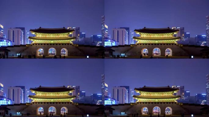 韩国首尔晚间光化门，HD Time lapse
