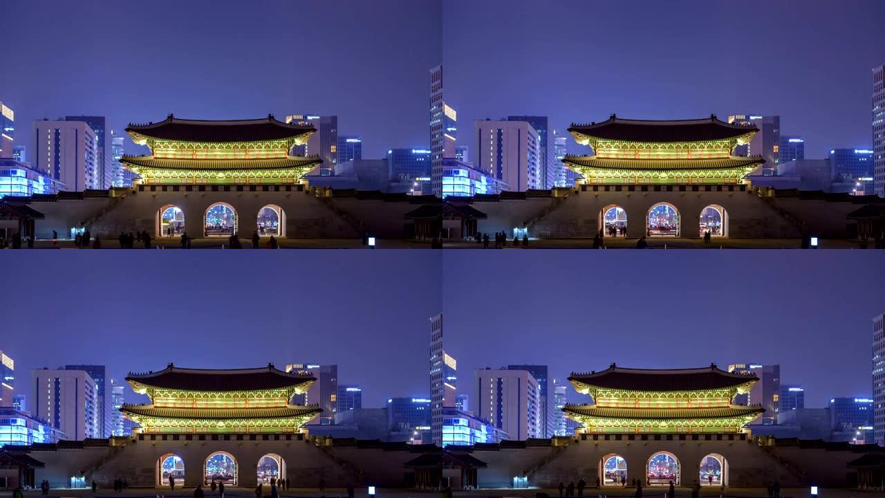 韩国首尔晚间光化门，HD Time lapse