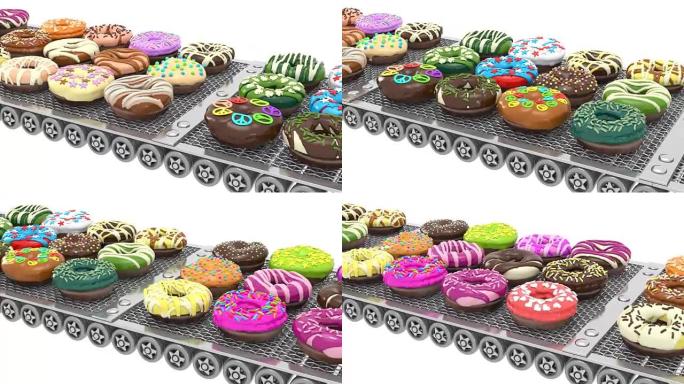 传送带上环形彩色甜甜圈的侧视图 (3d渲染)