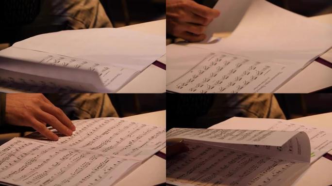 阴影中的乐谱，特写。音乐家叶子笔记。舞台上的音符