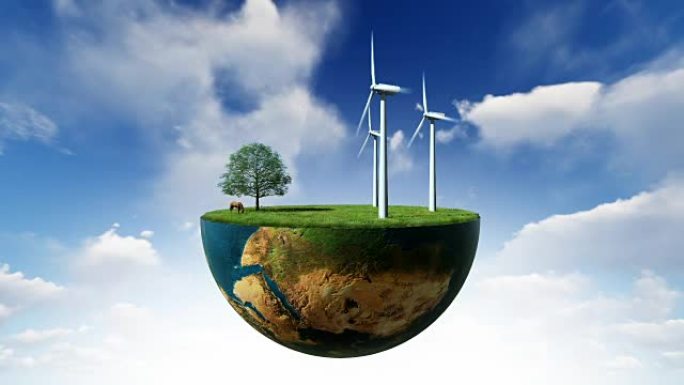 环境概念，地球地球将风力涡轮机支撑在蓝天下