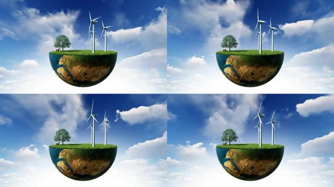 环境概念，地球地球将风力涡轮机支撑在蓝天下