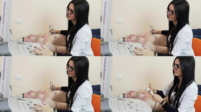 年轻的女医生正在用超声波检查病人的心脏，看着屏幕。医疗保健概念