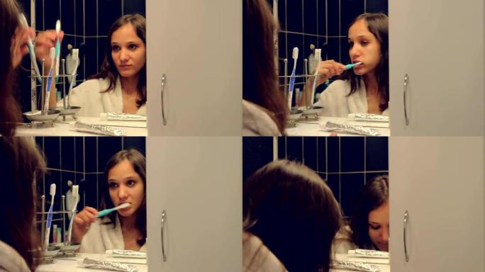 年轻美女在镜子前洗脸刷牙