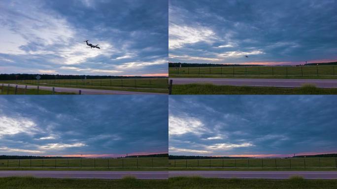 未标记的支线喷气式客机在黄昏或黎明到达和降落