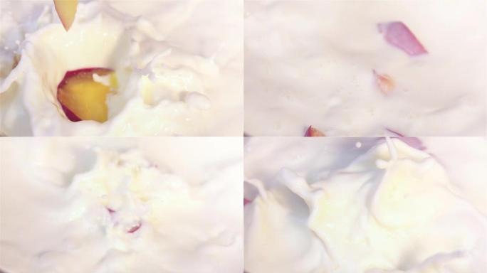 两段桃子掉进酸奶的视频 -- 真正的慢动作