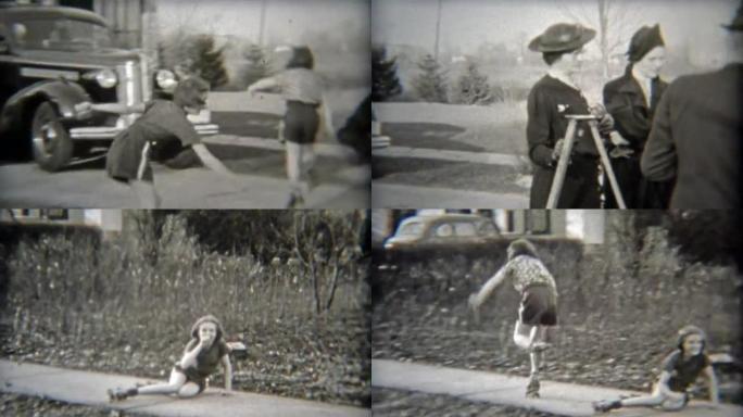 1937: 女孩在人行道上溜冰，经过他们的家。
