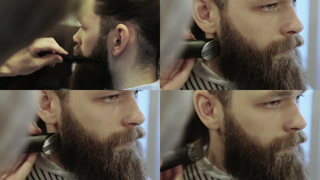 理发店用电动剃须刀剪胡子。由原始自然过渡分隔的两个视频集