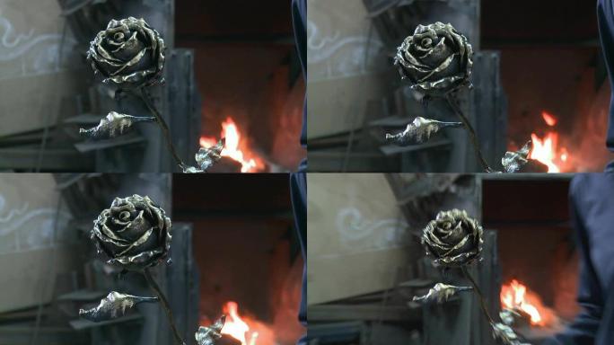 背景中来自金属炉的玫瑰