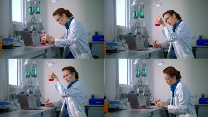 科学家找到了治疗方法。女科学家在实验室烧瓶中观察化学液体