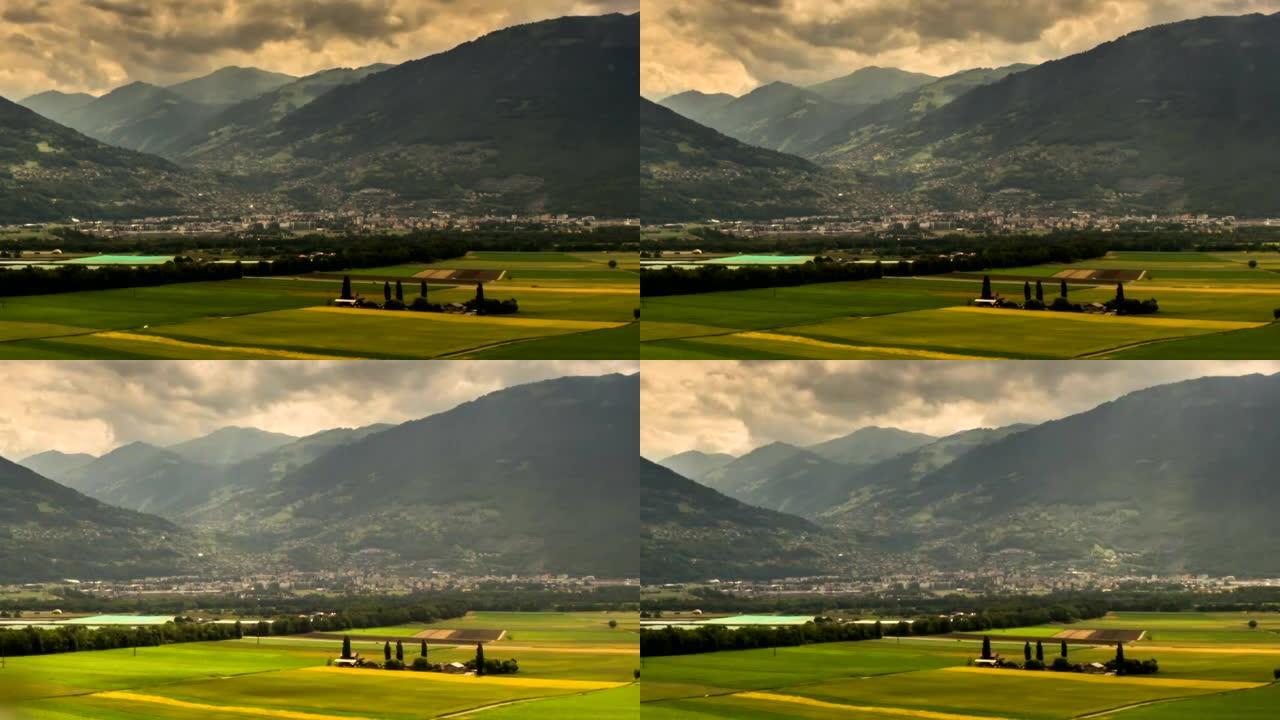 罗纳河谷瑞士农田的蒙尼和村庄