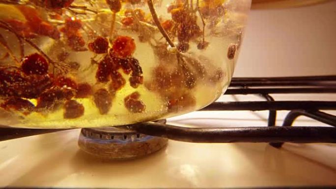 荚膜浆果在炉子上的沸水中的气泡作用下移动