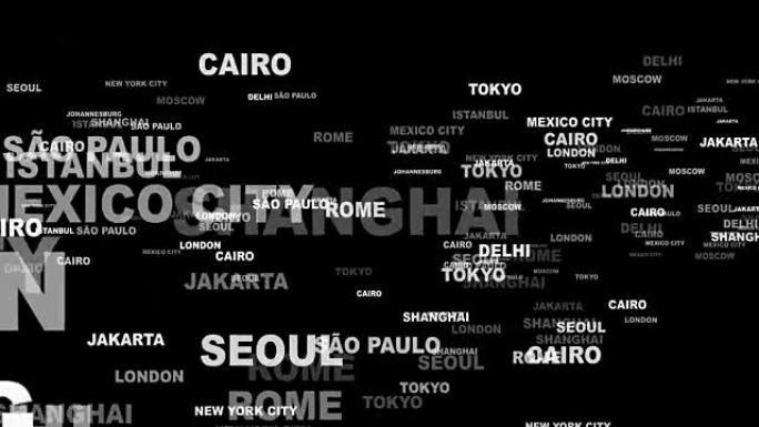 世界城市文字动画。背景，阿尔法哑光，渲染，循环