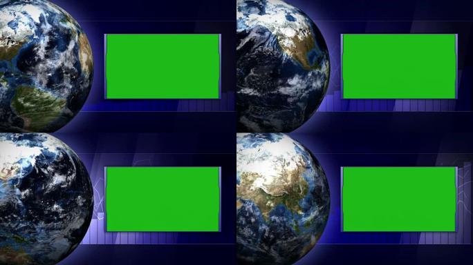 绿屏显示器和地球和技术条背景、循环、4k