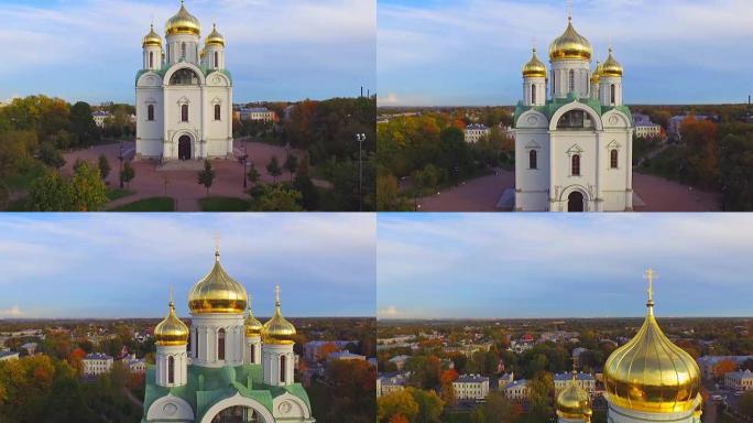 公园内大教堂教堂的鸟瞰图。俄罗斯秋季2015年，圣彼得堡，普希金