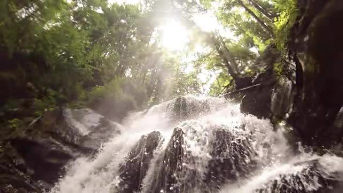 瀑布上的水从上到下在相机上冲下来特写