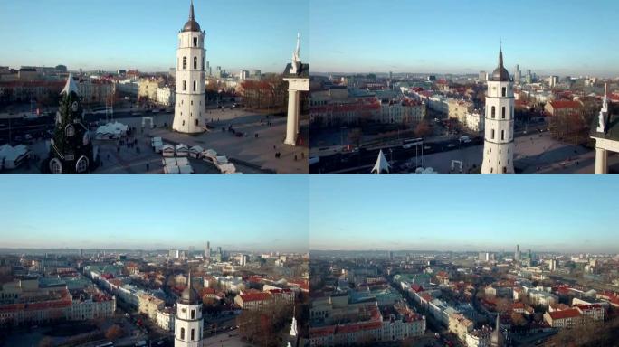 空中。立陶宛维尔纽斯维尔纽斯大教堂和钟楼的平稳飞行。2015冬天