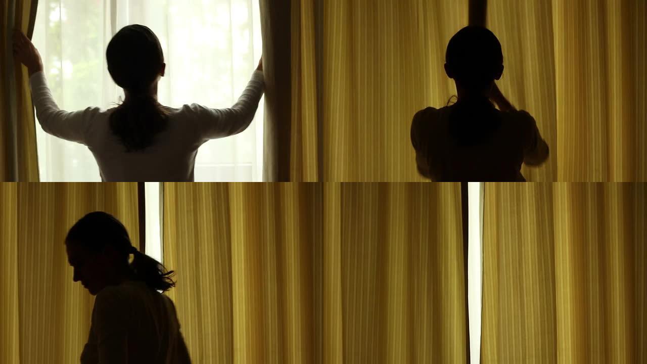 年轻的成年妇女在房间里画窗帘和遮光