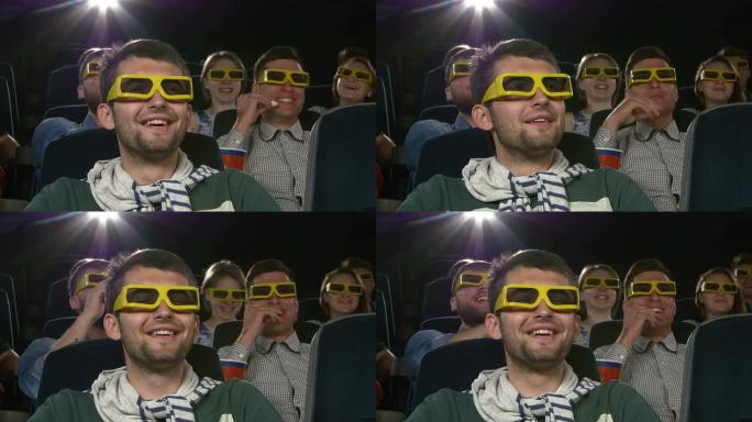 年轻人在电影院看电影: 3D喜剧。特写