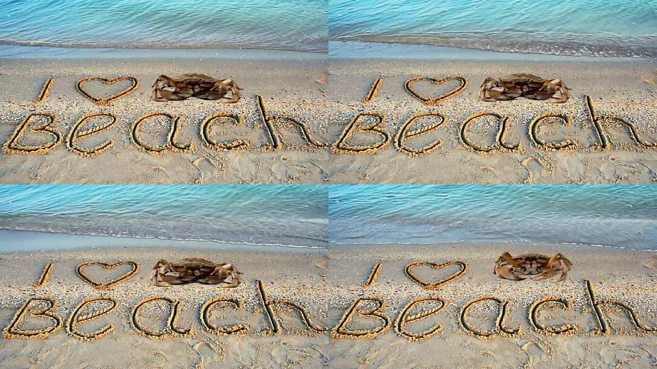 螃蟹和沙滩上的铭文。题词我喜欢沙滩上的海滩。