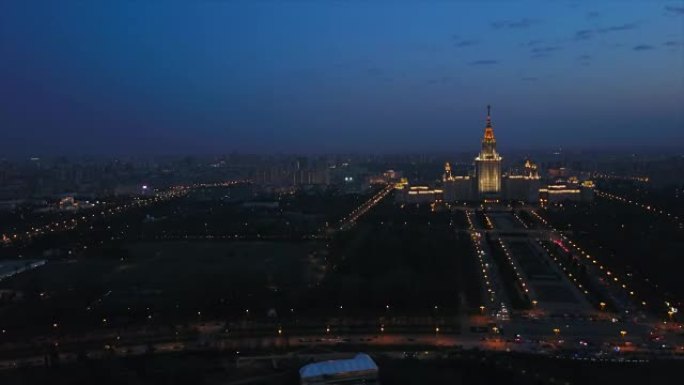 俄罗斯暮色之夜莫斯科国立大学麻雀山航空全景4k