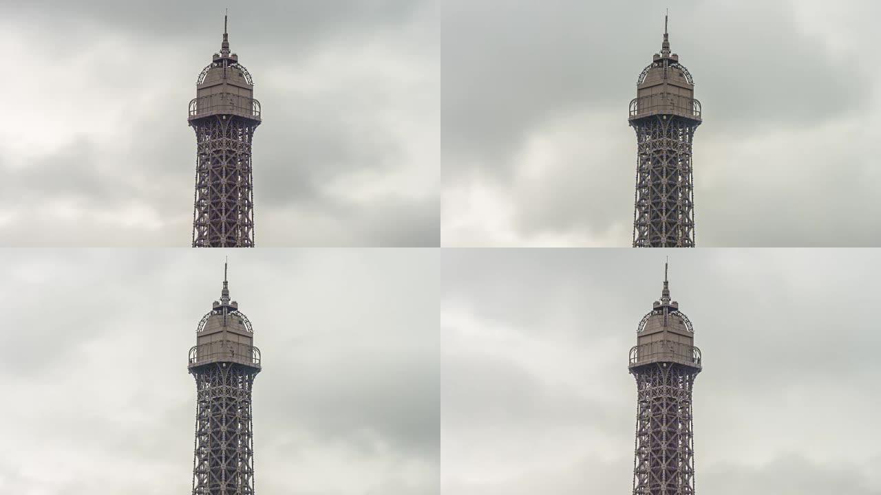 中国阴天澳门城市著名酒店埃菲尔铁塔顶视图4k延时