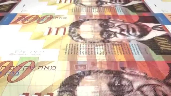 100以色列谢克尔的钞票在屏幕上滚动，现金，循环